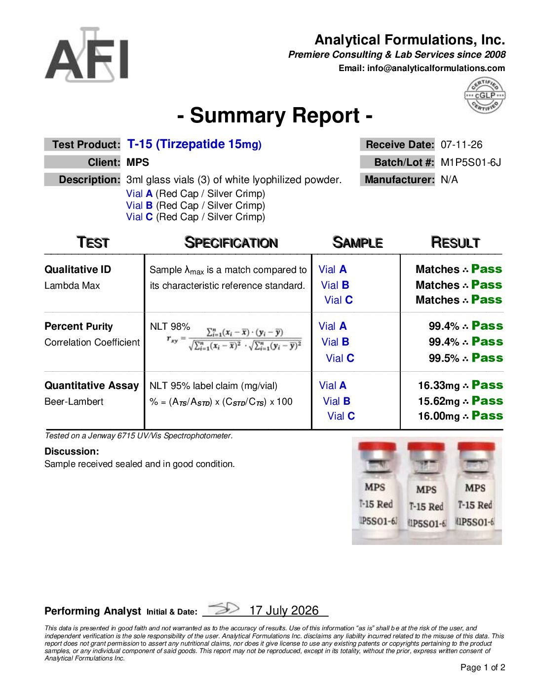 EP-2T 15mg Certificate of Analysis — HPLC purity 99.4%